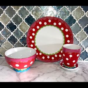 Red poka dots plate, bowl and cup set.